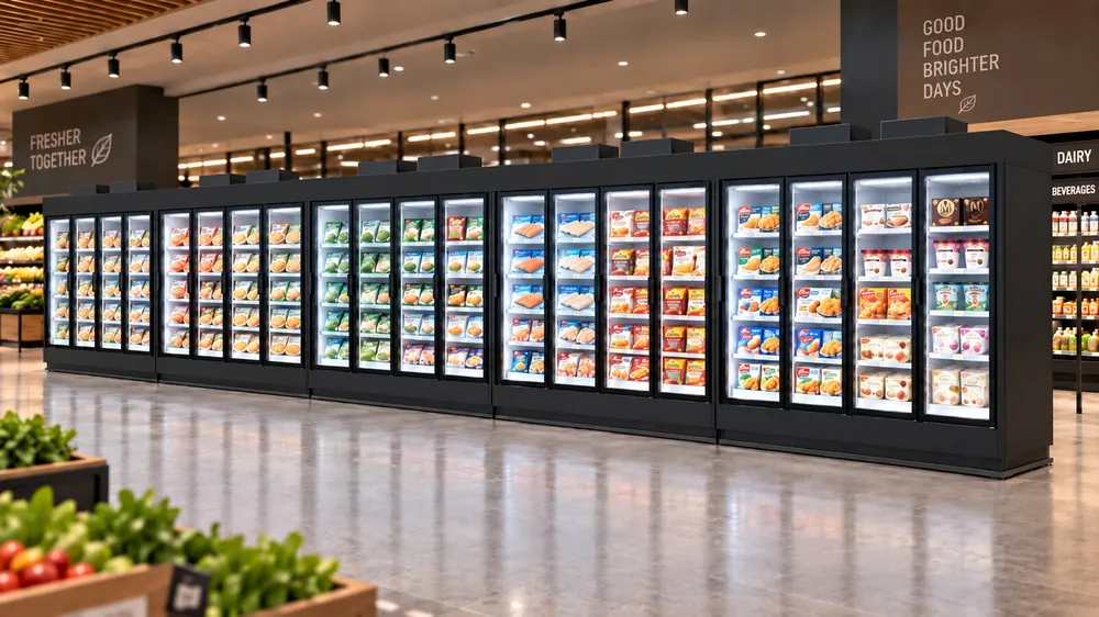 Vitrines négatives noires à portes vitrées en linéaire mural