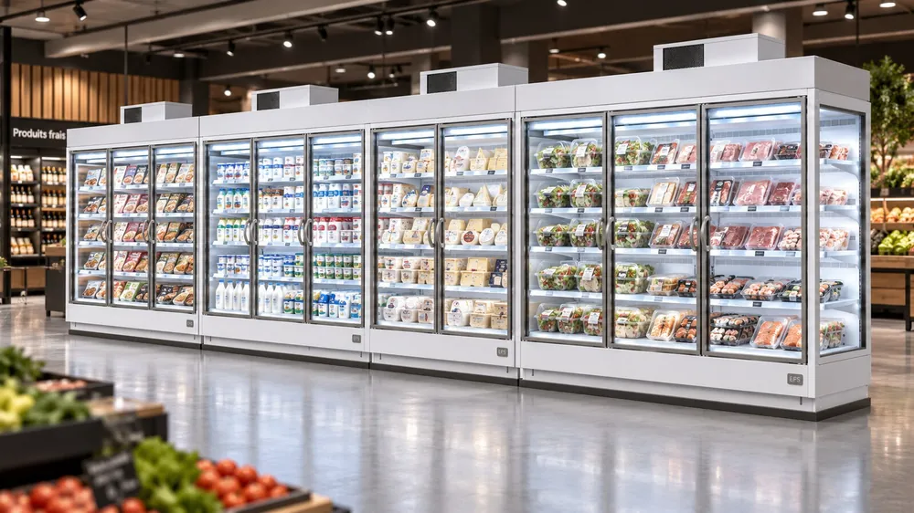 Linéaire de vitrines positives blanches à portes vitrées