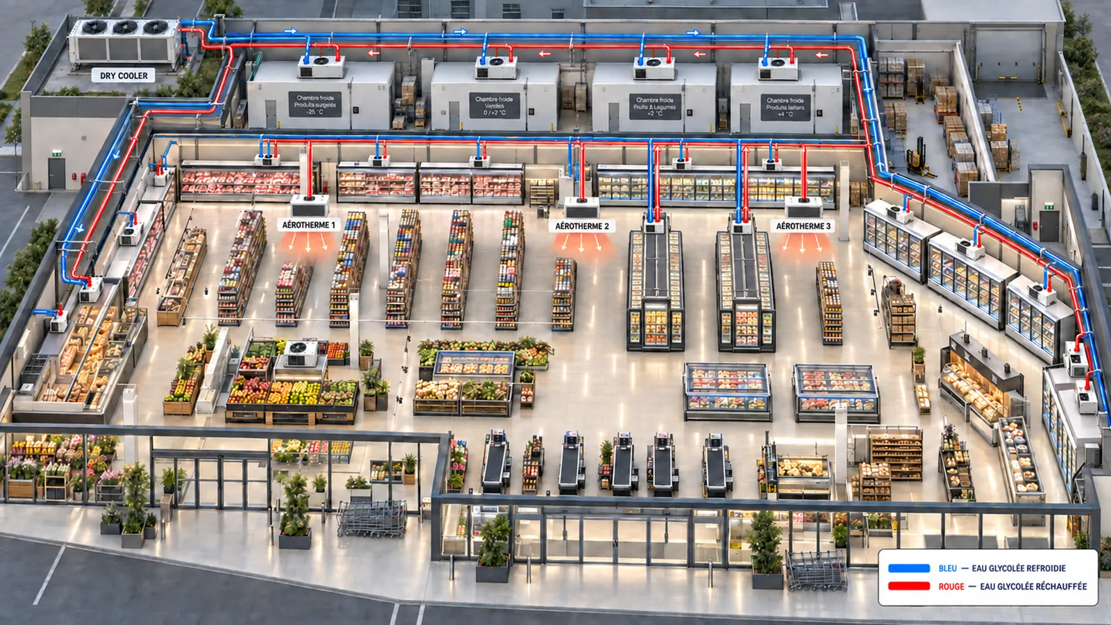 Plan du magasin montrant la boucle d’eau refroidie et réchauffée desservant chaque chambre froide, vitrine et aérotherme